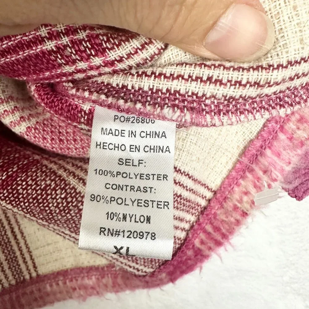 Entro Plaid Shacket Size XL Pink Corduroy Trim Button Front